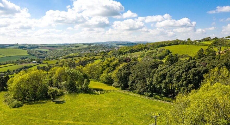 Aerial view of "Central Bark" - our 6-acre secure dog-walking area and the surrounding countryside