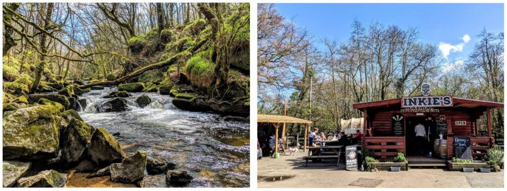 Golitha Falls on the River Fowey on Bodmin Moor and Inkie's Smokehouse BBQ in the car park